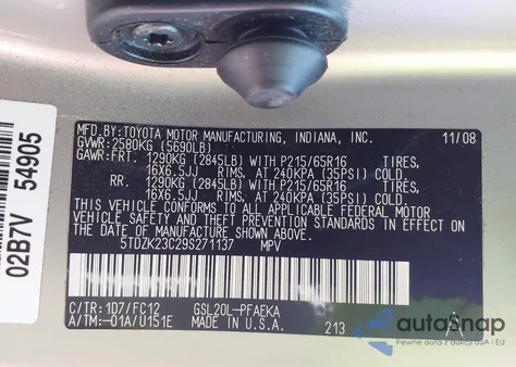 2009 Toyota Sienna Le из США, поврежденный, VIN 5TDZK23C29S271137